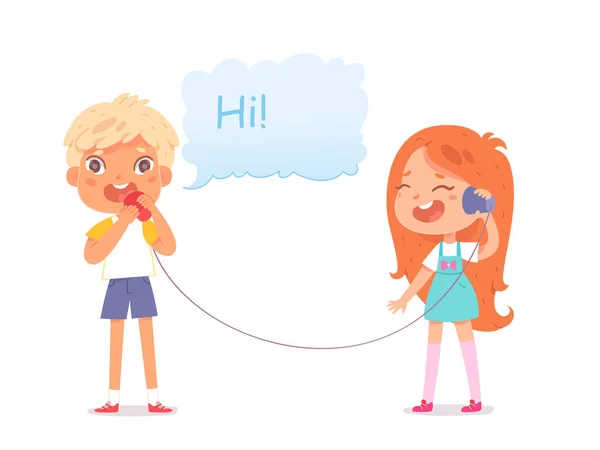 Kinderen praten telefoon, spelen samen telefoonspeelgoed, jongen zegt hi chat tekst in spraakzeepbel — Stockvector