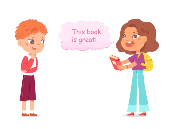 Милые дети говорят, диалоги о книге, студентка держит книгу, чтобы учиться, разговаривает с мальчиком — стоковый вектор