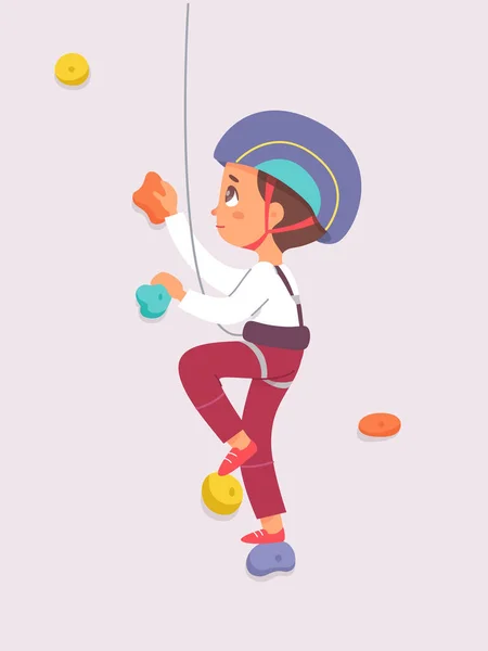 Kid klättrare klättring bergvägg, orädd pojke i säkerhet hjälm bouldering, hängande på rep — Stock vektor