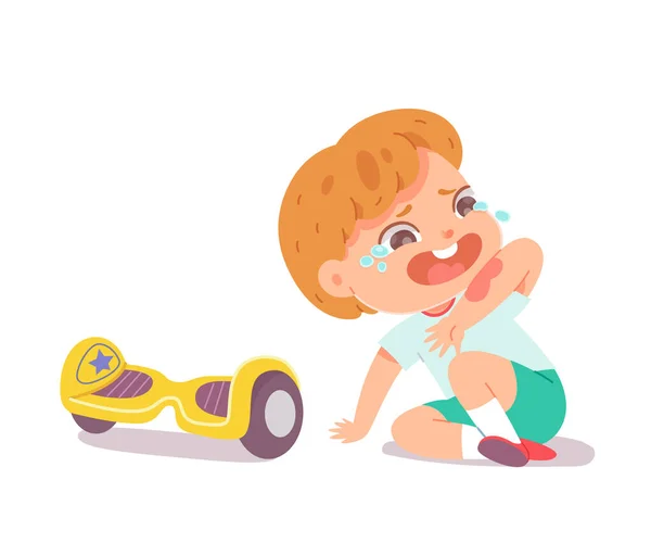 Dítě pláče po nehodě, padá na zem ze vznášedla, jezdí na elektrickém transportu — Stockový vektor