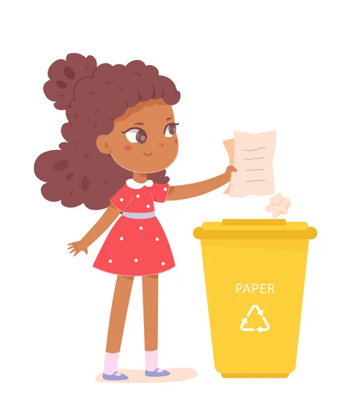 Ragazza carina che ordina la carta nel cestino della spazzatura, bambino che tiene la carta spiegazzata, gettando spazzatura — Vettoriale Stock