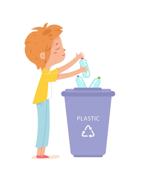 Söt pojke sortera plast i papperskorgen vektor illustration. Tecknad barn karaktär hålla plastflaskor, kasta skräp i soptunna behållare för att spara ekologi miljö isolerad på vitt. — Stock vektor