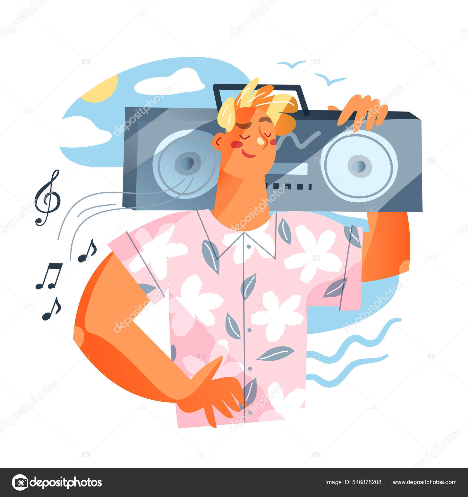 Young man with boombox listening music, male character enjoying song or  radio podcast Stock Vector Image by ©ClassicVector #546878208