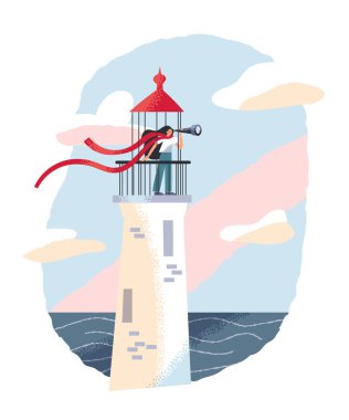 Teleskop dürbünlü kadın rüzgarlı deniz manzarasında deniz fenerinin tepesinde duruyor.