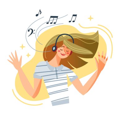 Rahatlamak için müzik dinleyen bir kız, kulaklıkla müzik dinleyen kapalı gözlerle rahatlatan bir kız.