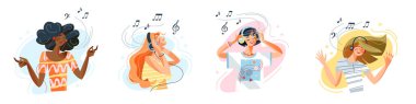 İnsanlar kulaklıkla müzik dinliyor ve vektör illüstrasyonunun keyfini çıkarıyorlar. Çizgi filmdeki mutlu genç kadın karakterler akıllı telefondan mp3 ya da radyo dinliyorlar, kulaklıkları beyazdan izole edilmiş insanlar..
