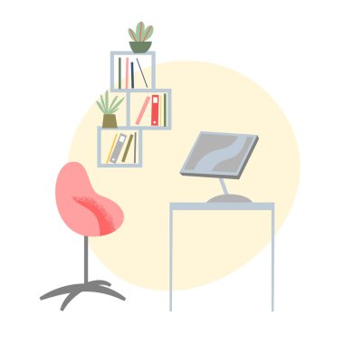 Bilgisayar masası ve sandalye, iş bürosu, ev mobilyası, modern işyeri manzarası.