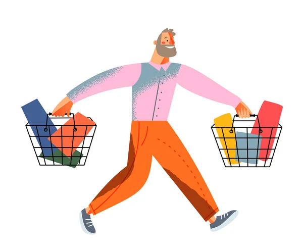 Man running on shopping, shopper people on sales, happy buyer man holding basket — Stock Vector
