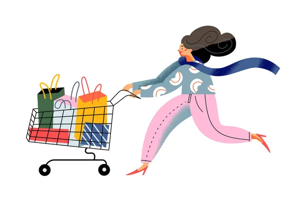 Chica corriendo con carrito de compras para comprar en el supermercado, tienda o boutique el viernes negro — Archivo Imágenes Vectoriales