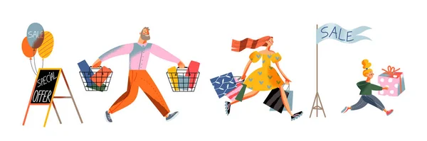 Pessoas da família correm para comprar em vendas de desconto, segurando sacos de compras, correndo rápido para armazenar — Vetor de Stock
