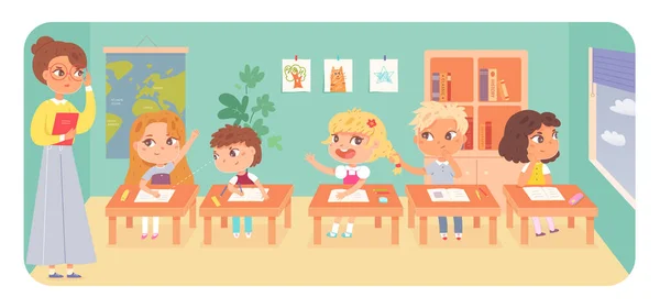 Учитель и дети в школьном классе, группа милых мальчиков, сидящих на уроке — стоковый вектор