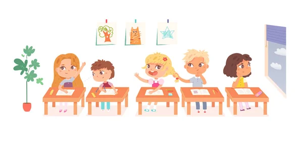 Учитель и дети в школьном классе, группа милых мальчиков, сидящих на уроке — стоковый вектор