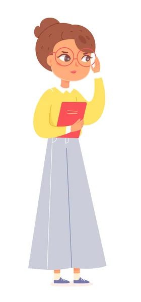 Učitelka žena postava, mladý profesor osoba v brýlích držení knihy, stojící — Stockový vektor