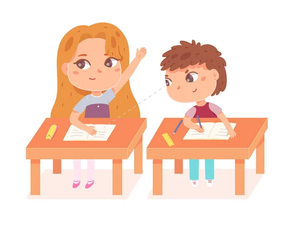 Školní děti studují na lekci ve třídě, žák dívá na dívky zkouška papíru — Stockový vektor
