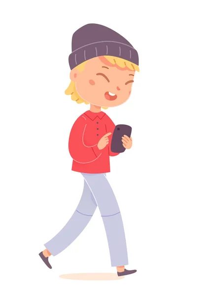 Jongen met mobiele telefoon, grappige jonge man met casual jeans en hoodie — Stockvector