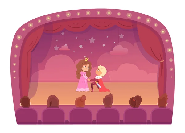 Scène de théâtre avec des enfants comédiens, prince et princesse enfants, spectacle dramatique amour performance — Image vectorielle