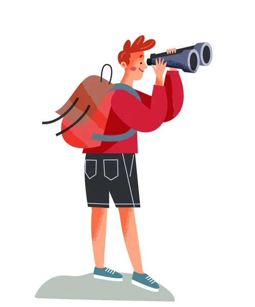 Man tourist with binoculars and backpack, traveler standing, hiking, , tourism adventure — Stock Vector