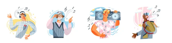 Lidé poslouchají hudbu s sluchátky a užívají si set, šťastné mladé a staré postavy — Stockový vektor
