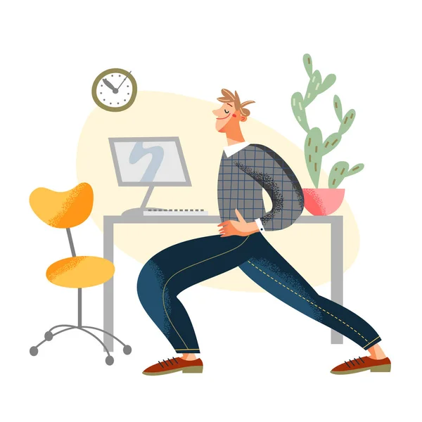 Entraînement d'homme d'affaires, faire de l'exercice de yoga au bureau, étirement du corps dans le yoga asana — Image vectorielle