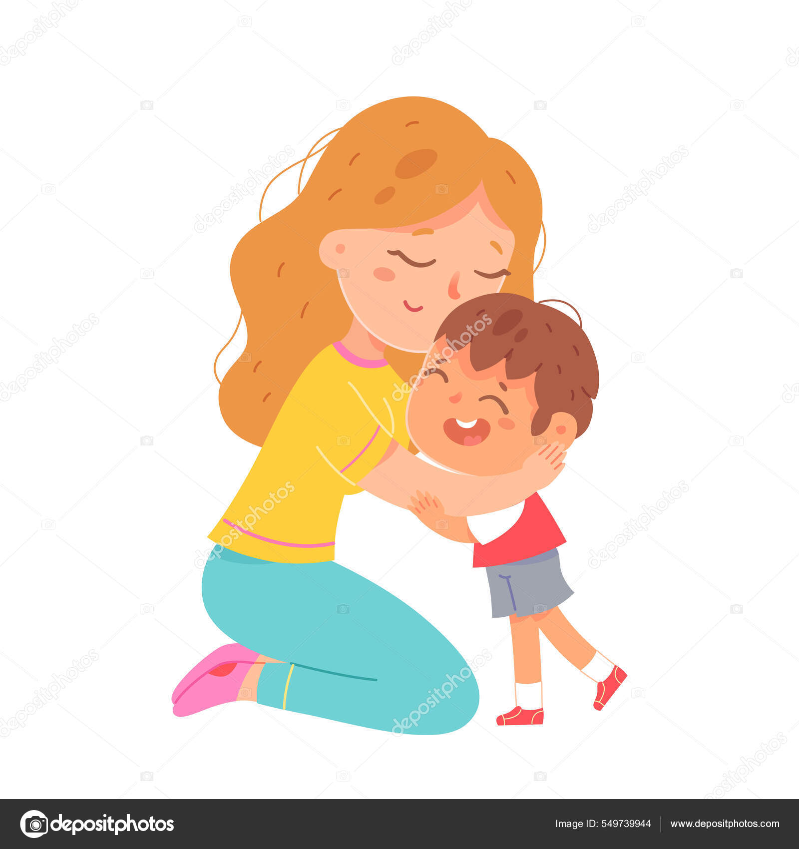 母亲用爱心和柔情拥抱儿子，母亲对男孩的拥抱，父母双膝跪着图库矢量图©ClassicVector 549739944, image size:1600x1700