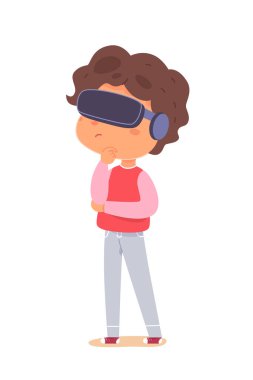 VR gözlüklü çocuk, sanal gerçeklik teknolojisi vektör çizimi. Çizgi film çocuğu oyuncu karakter siber oyun oynuyor, öğreniyor, beyaz tenli çocuklar için fantezi deneyimi.
