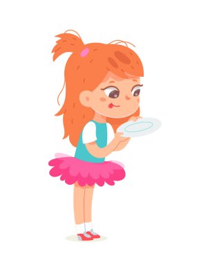 Elinde boş tabakla aç bir kız, komik suratlı şirin bir çocuk lezzetli yemekler bekliyor.