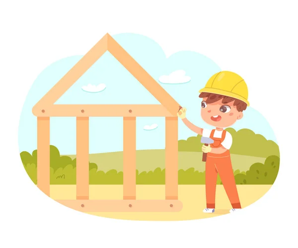 Kid constructeur travaillant sur la maison à ossature de bois, menuiserie, garçon ouvrier mignon tenant marteau — Image vectorielle