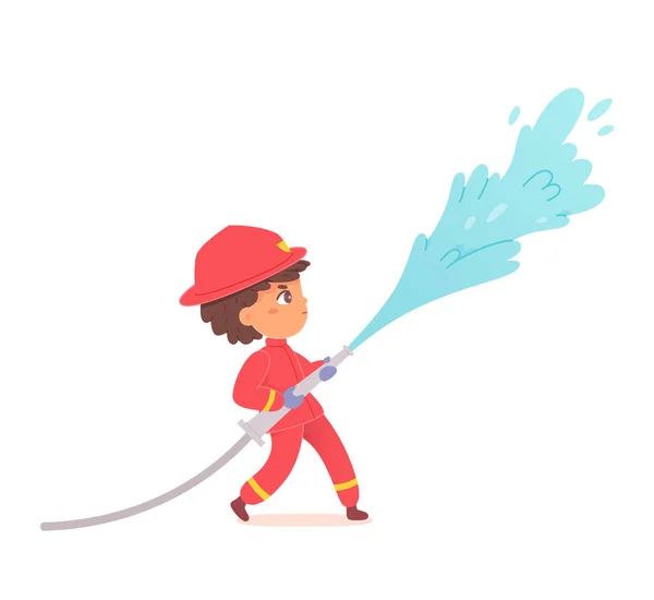 Kid brandweerman met slang, jongen brandweerman in rode helm houden van brandslang met stromend water — Stockvector