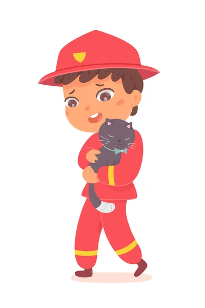 Dětský hasič zachraňující kočku, chlapec hasič v červeném kostýmu drží domácí zvíře na záchranu — Stockový vektor