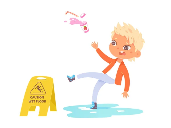 Niño deslizándose en la ilustración de vectores de suelo resbaladizo limpio. Pequeño personaje de dibujos animados tropezando, cayendo en el área pública con charco de agua, precaución señal de accidente suelo mojado aislado en blanco. — Vector de stock