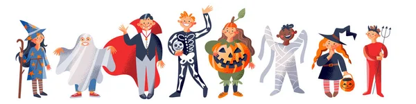 Halloween feest en kind karakter set, leuke kinderen hebben plezier in eng spookachtige kostuums — Stockvector