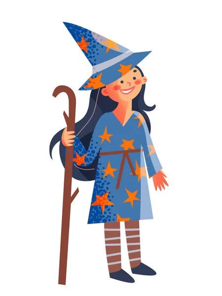 Cadılar Bayramı partisindeki çocuk cadı karakteri, sihirli kostümlü şirin kız ve şapka tutan sopa. — Stok Vektör