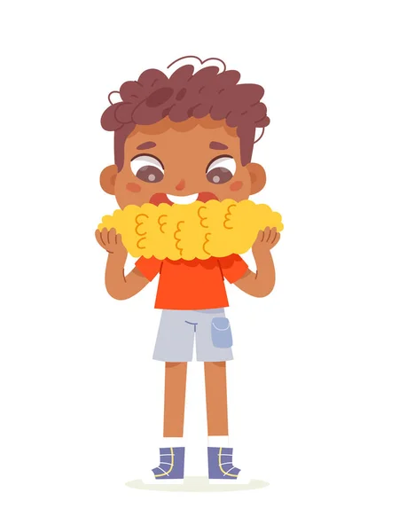 Leuke jongen eten gekookte maïs, snack op de lunch, klein kind met grote maïskolf om te eten — Stockvector