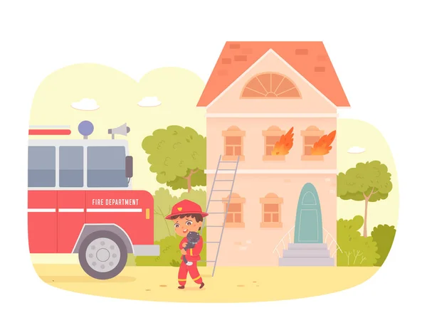 고양이를 구하는 어린이 소방관, 화재에서 구출하기 위해 동물을 안고 있는 소년 구조 원 벡터 그래픽