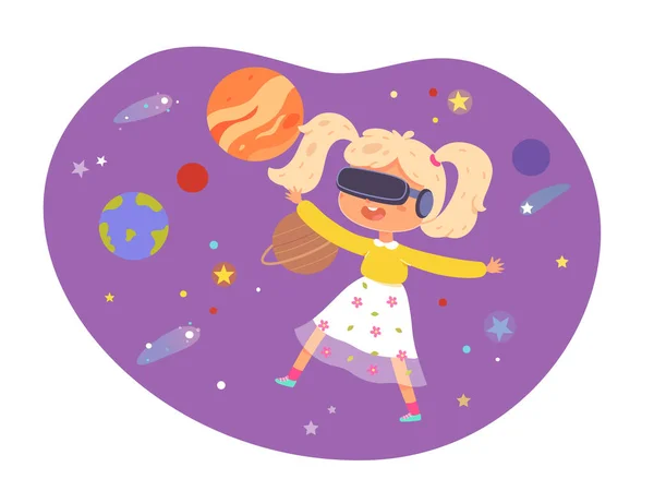 Child in vr glasses, flying in virtual space to see universe, game education technology, — Stock Vector