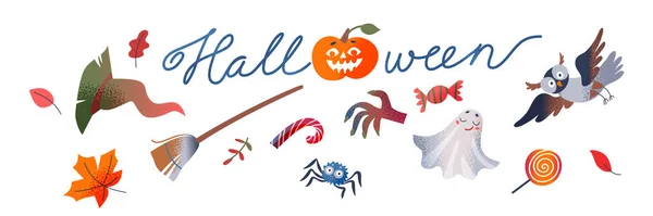 Halloween set, strašidelný duch a sladkosti, kouzelné čarodějnice koště klobouk, roztomilé sovy pavoučí postavy Royalty Free Stock Ilustrace