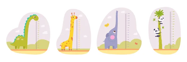 유치원의 키 미터, 또는 풍경에 귀여운 키큰 동물들이 있는 집의 키 미터 스톡 일러스트레이션