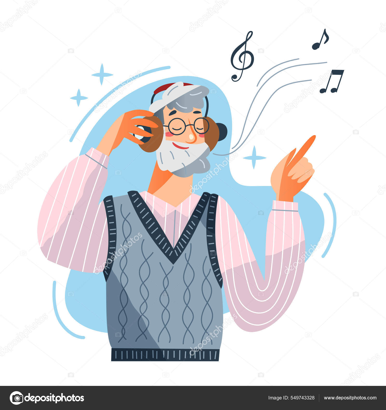 헤드폰으로 음악을 듣는 노인, 턱수염 과 안경을 쓰고 있는 노인 스톡 벡터 - ©ClassicVector 549743328, image size:1600x1700