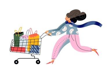Kız alışveriş arabasıyla markete, mağazaya ya da butiğe gidiyor.