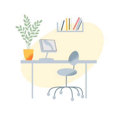 Bilgisayar masası ve sandalye, iş bürosu, ev mobilyası, modern işyeri manzarası.