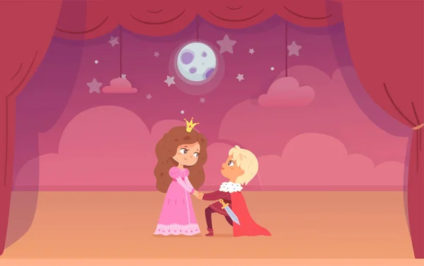 Scène de théâtre avec des enfants comédiens, prince et princesse enfants, spectacle dramatique amour performance — Image vectorielle