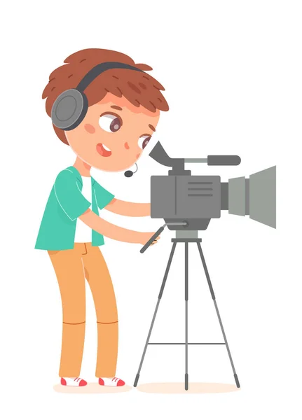 Production cinématographique et caméraman enfant, opérateur vidéaste garçon enregistrement vidéo film — Image vectorielle