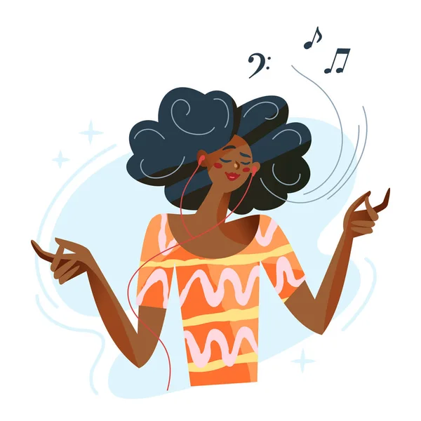Menina ouvir música para relaxar, usando fone de ouvido para ouvir música relaxante com os olhos fechados Vetores De Stock Royalty-Free