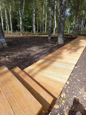 Tahta patika ve yazın açık hava parkına adımlar. Yüksek kalite fotoğraf