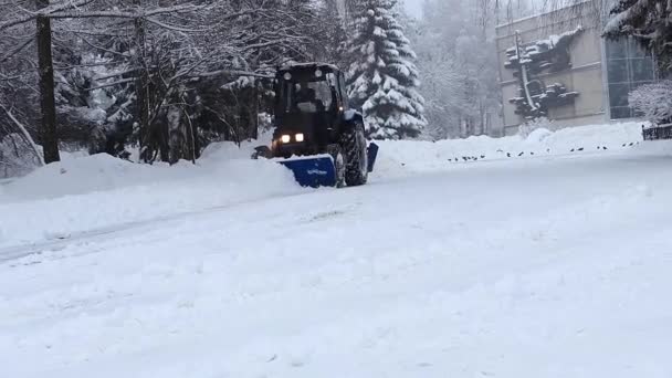 Sníh Městě Velký Traktor Zařízení Odstraňování Sněhu Odstraňuje Sníh Ulic — Stock video