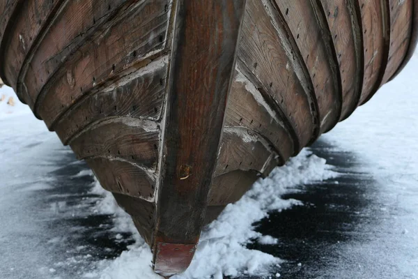 Barca Legno Sul Molo Inverno Foto Alta Qualità — Foto Stock