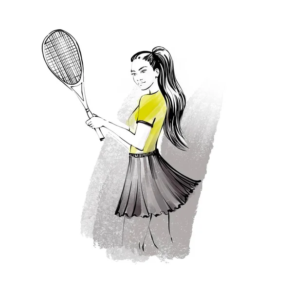 Chica tenista durante el juego tiene una raqueta en la mano y se preparó para golpear la pelota —  Fotos de Stock