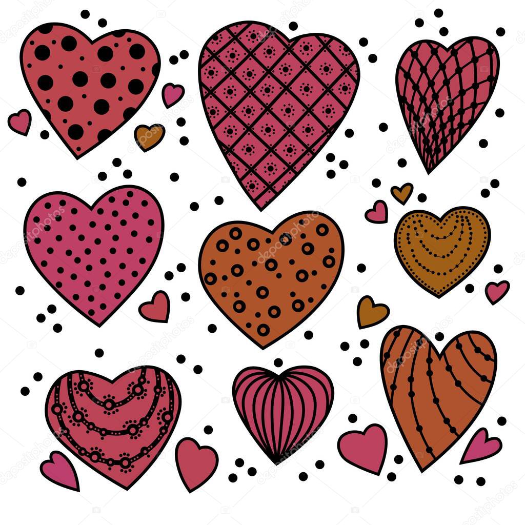 Crimson orange pink hearts with patterns on a white background. Set of isolated hearts for Valentine's Day. Festive background. Collection of elements for festive design and creative ideas.