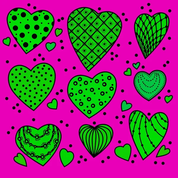Heldere Groene Harten Met Patronen Een Magenta Roze Achtergrond Geïsoleerde — Stockfoto