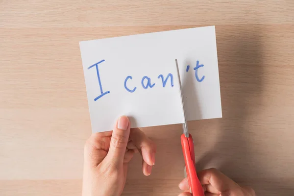 Women Hand Use Scissors Cut Can Word Success Challenge Concept — Stock Photo, Image